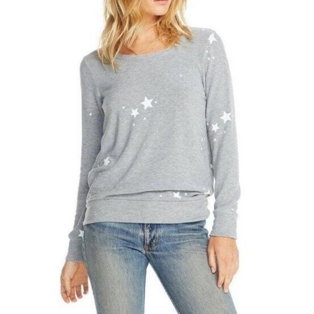 Chaser Gray White Stars Stretch Jersey Knit Blend Scoop Neck Sweatshirt XS NWT